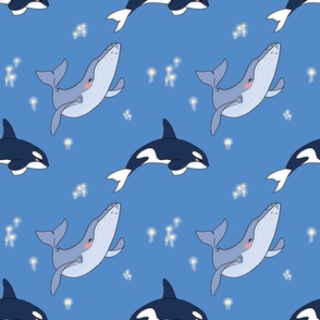 Cute whales on blue