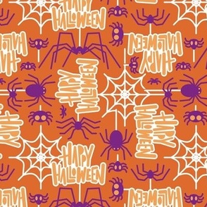 Small scale // Happy Halloween spiders // orange background purple crawly creatures orange lettering white webs