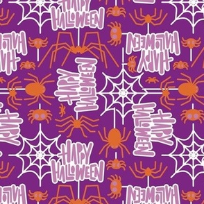 Small scale // Happy Halloween spiders // purple background orange crawly creatures lilac lettering white webs