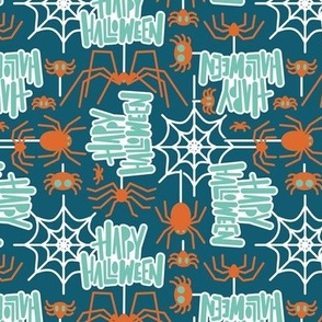 Small scale // Happy Halloween spiders // dark teal background orange crawly creatures mint lettering white webs