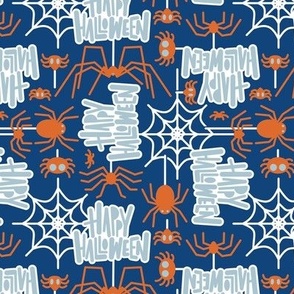 Small scale // Happy Halloween spiders // classic blue background orange crawly creatures pastel blue lettering white webs
