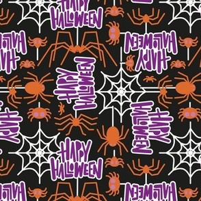 Small scale // Happy Halloween spiders // black background orange crawly creatures purple lettering white webs