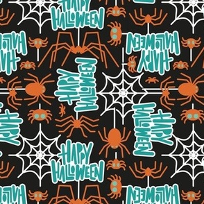 Small scale // Happy Halloween spiders // black background orange crawly creatures green lettering white webs