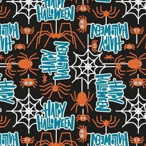 Small scale // Happy Halloween spiders // black background orange crawly creatures blue lettering white webs