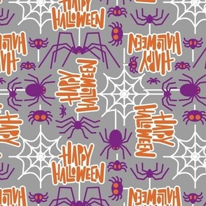 Small scale // Happy Halloween spiders // dark grey background purple crawly creatures orange lettering white webs