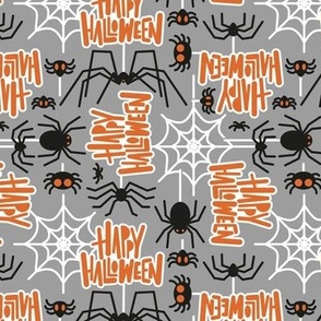 Small scale // Happy Halloween spiders // dark grey background black crawly creatures orange lettering white webs