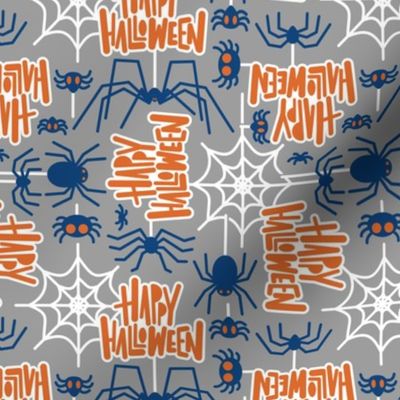 Small scale // Happy Halloween spiders // dark grey background classic blue crawly creatures orange lettering white webs