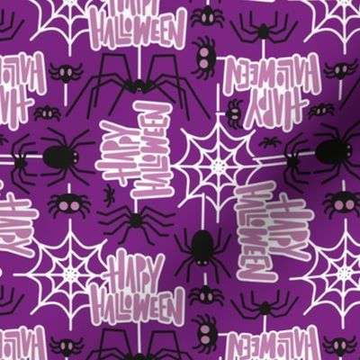 Small scale // Happy Halloween spiders // purple background black crawly creatures lilac lettering white webs