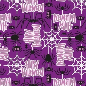 Small scale // Happy Halloween spiders // purple background black crawly creatures lilac lettering white webs