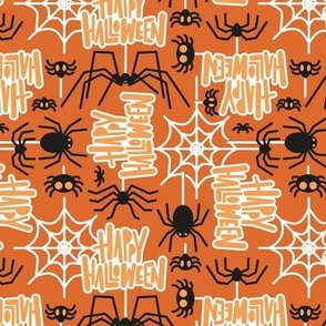 Small scale // Happy Halloween spiders // orange background black crawly creatures orange lettering white webs