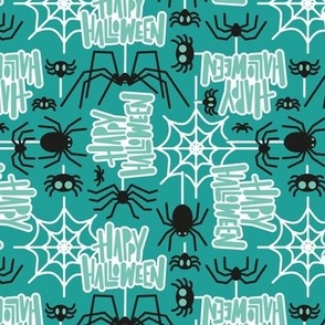 Small scale // Happy Halloween spiders // green background black crawly creatures mint lettering white webs