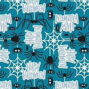 Small scale // Happy Halloween spiders // blue background black crawly creatures pastel blue lettering white webs