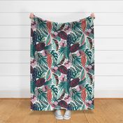 Large jumbo scale // Moody tropical night // white background coral spearmint papaya orange jade and pine green leaves cotton candy pink and dry rose hibiscus flowers