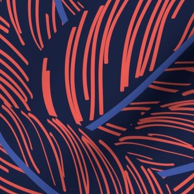 Normal scale // Exotic calathea leaf prints // oxford navy blue background coral and electric blue lines