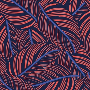 Normal scale // Exotic calathea leaf prints // oxford navy blue background coral and electric blue lines