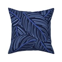 Normal scale // Exotic calathea leaf prints // oxford navy blue background blue lines