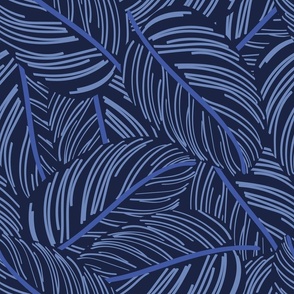 Normal scale // Exotic calathea leaf prints // oxford navy blue background blue lines