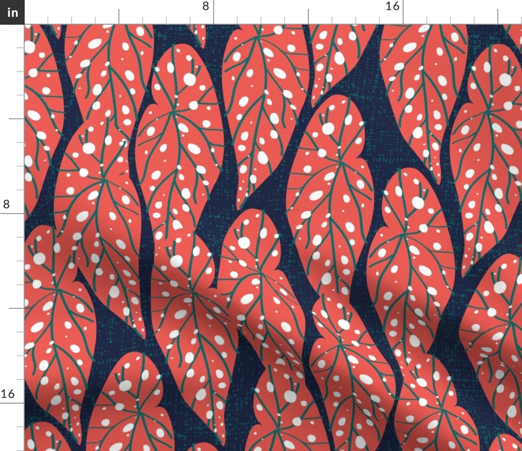 Normal scale // Begonia leaf tropic vibes // oxford navy blue background coral leaves pine green lines  white dots