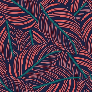 Normal scale // Exotic calathea leaf prints // oxford navy blue background pine green and coral lines