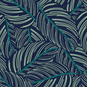 Normal scale // Exotic calathea leaf prints // oxford navy blue background pine and jade green lines