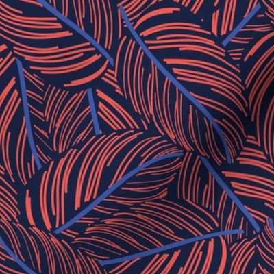 Small scale // Exotic calathea leaf prints // oxford navy blue background coral and electric blue lines