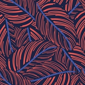 Small scale // Exotic calathea leaf prints // oxford navy blue background coral and electric blue lines