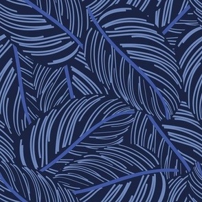 Small scale // Exotic calathea leaf prints // oxford navy blue background blue lines
