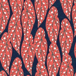 Small scale // Begonia leaf tropic vibes // oxford navy blue background coral leaves pine green lines  white dots