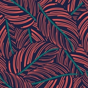 Small scale // Exotic calathea leaf prints // oxford navy blue background pine green and coral lines