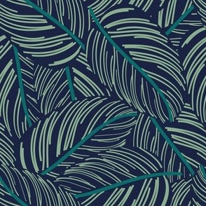 Small scale // Exotic calathea leaf prints // oxford navy blue background pine and jade green lines