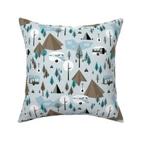 Happy camper summer holiday mountains and forest pine trees woodland  adventure design blue gray brown boys