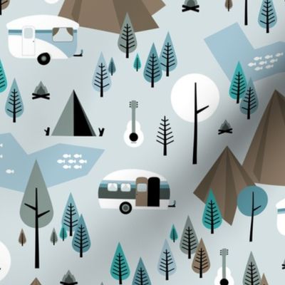 Happy camper summer holiday mountains and forest pine trees woodland  adventure design blue gray brown boys