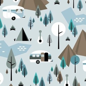 Happy camper summer holiday mountains and forest pine trees woodland  adventure design blue gray brown boys