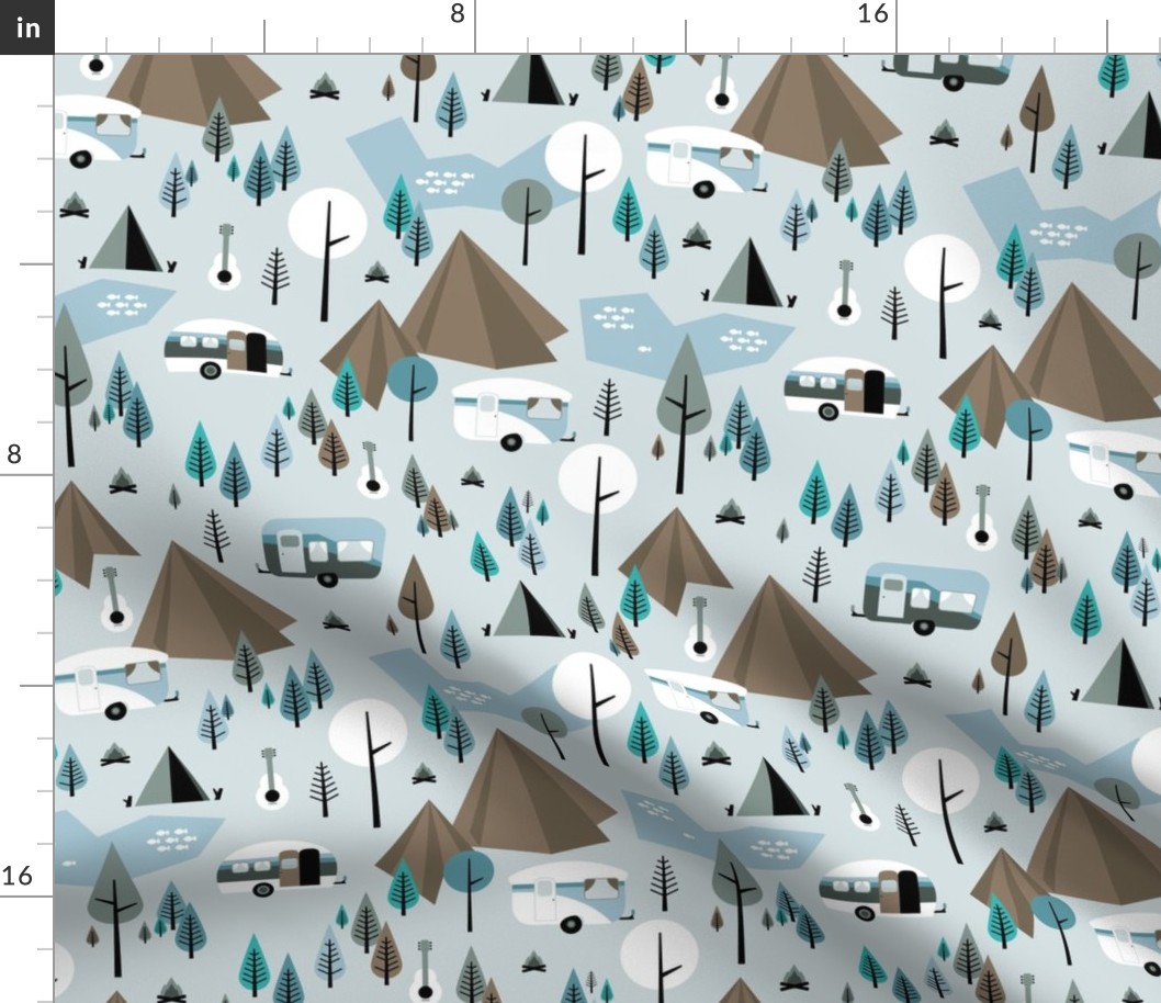 Happy camper summer holiday mountains and forest pine trees woodland  adventure design blue gray brown boys