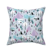 Happy camper summer holiday mountains and forest pine trees woodland  adventure design blue lilac pink girls