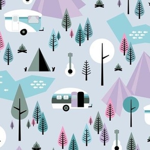 Happy camper summer holiday mountains and forest pine trees woodland  adventure design blue lilac pink girls