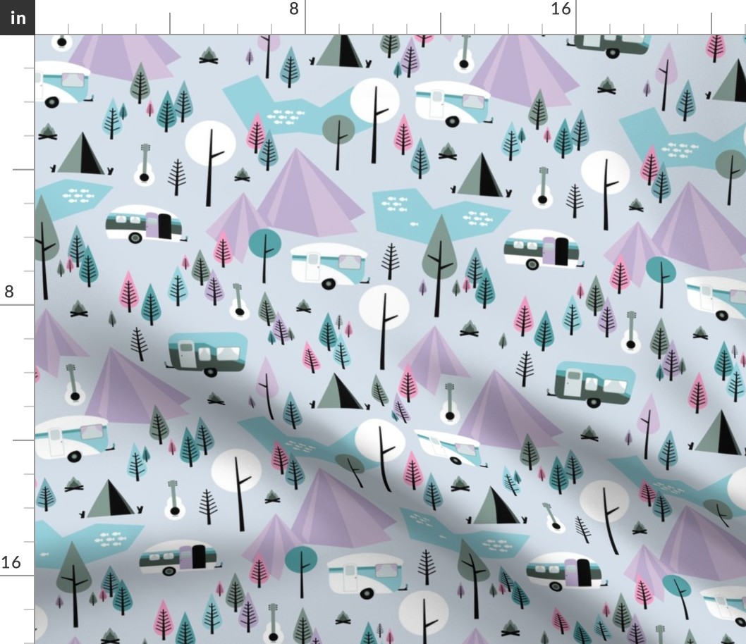 Happy camper summer holiday mountains and forest pine trees woodland  adventure design blue lilac pink girls