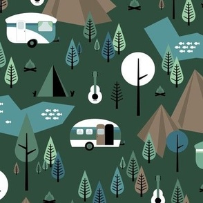 Happy camper summer holiday mountains and forest pine trees woodland  adventure design pine green blue moody winter