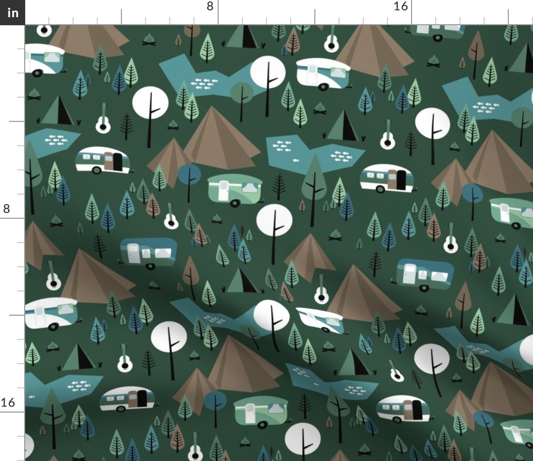Happy camper summer holiday mountains and forest pine trees woodland  adventure design pine green blue moody winter