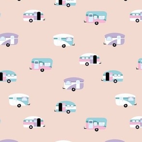 Retro camping trip with vintage seventies style caravans and campers summer holiday travel theme kids nursery pastel apricot blush pink lilac blue girls 
