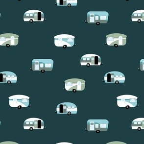 Retro camping trip with vintage seventies style caravans and campers summer holiday travel theme kids nursery moody emerald green blue sage boys
