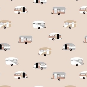 Retro camping trip with vintage seventies style caravans and campers summer holiday travel theme kids nursery soft pastel beige sand neutral earthy tones