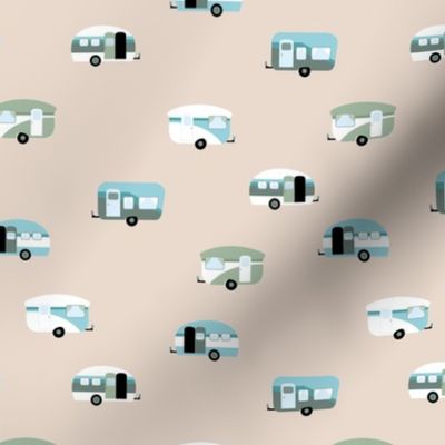 Retro camping trip with vintage seventies style caravans and campers summer holiday travel theme kids nursery soft pastel beige sand neutral blue green sage
