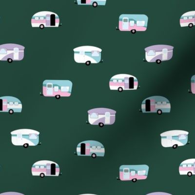 Retro camping trip with vintage seventies style caravans and campers summer holiday travel theme kids nursery moody green pink lilac blue winter girls