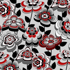 Romantic Mid Century Modern Floral // Red, Gray, Black and White // V2 // Small Scale - 750 DPI