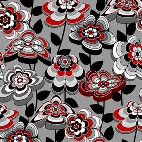 Romantic Mid Century Modern Floral // Red, Gray, Black and White // V3 // Very Small Scale - 1500 DPI