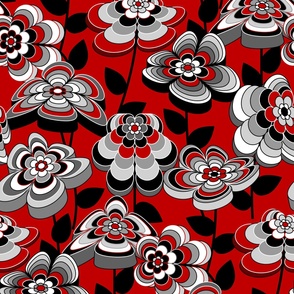 Romantic Mid Century Modern Floral // Red, Gray, Black and White // V4 // Large Scale - 300 DPI
