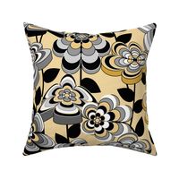 Romantic Mid Century Modern Floral // Butter Yellow, Gray, Black and White // V1 // Medium Scale - 429 DPI
