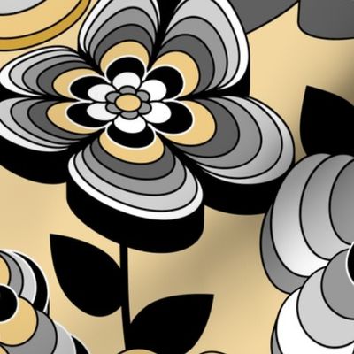 Romantic Mid Century Modern Floral // Butter Yellow, Gray, Black and White // V1 // Medium Scale - 429 DPI