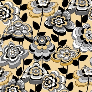 Romantic Mid Century Modern Floral // Butter Yellow, Gray, Black and White // V1 // Medium Scale - 429 DPI